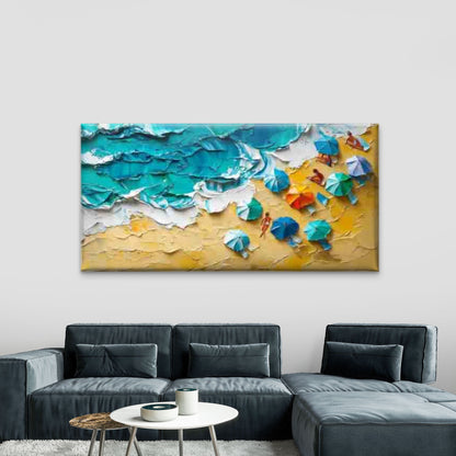 Umbrellas And Ocean Waves Wall Art Canvas Office Home Room Framed 120x60cm
