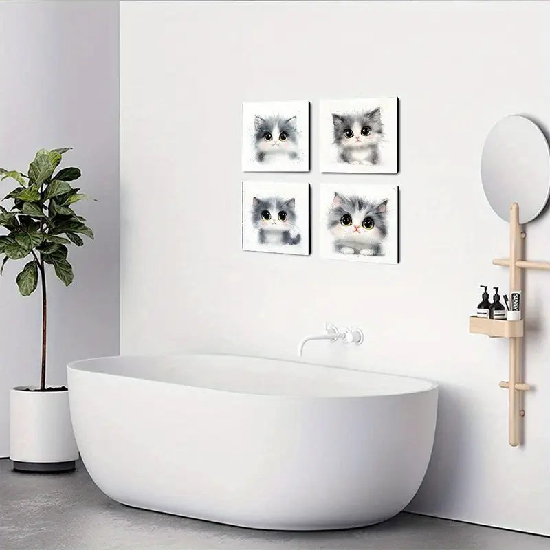 4pcs Adorable Gray & White Kitten Wall Art Canvas Framed