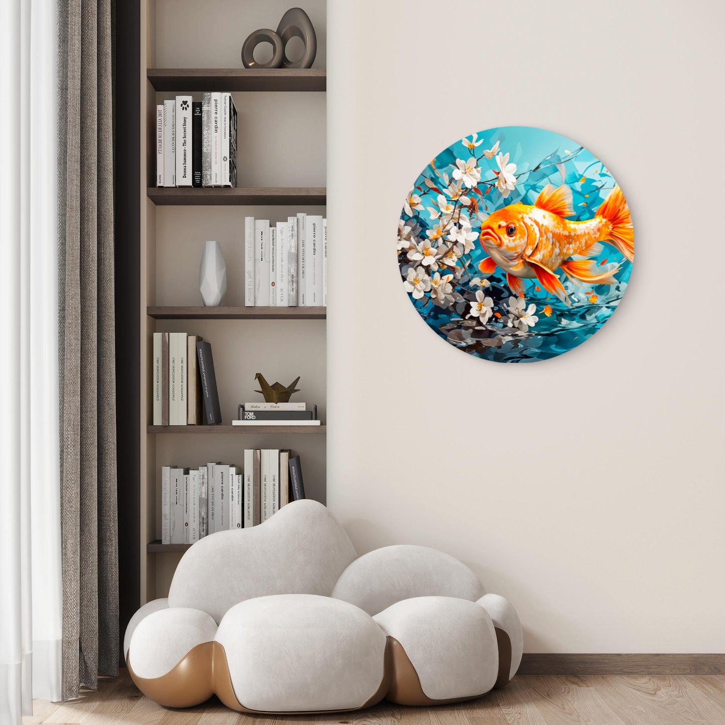 Gold Yellow Fish with White Flowers Acrylic Glass Rounded Print Tempered Glass Wall Art 100% Made in Australia Ready to Hang