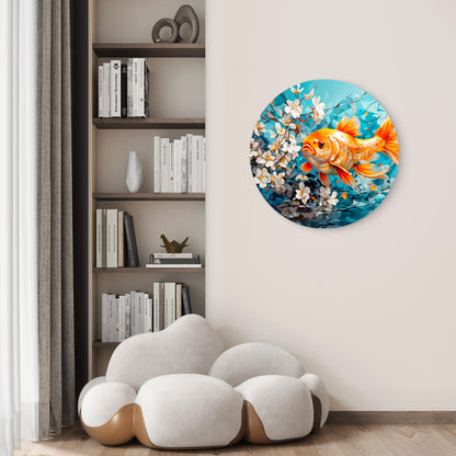Gold Yellow Fish with White Flowers Acrylic Glass Rounded Print Tempered Glass Wall Art 100% Made in Australia Ready to Hang