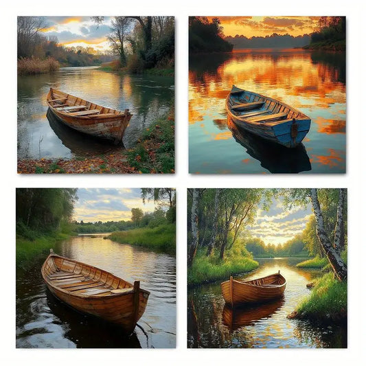4pcs  Sunset Lake Boat Scenes Wall Art Canvas Framed