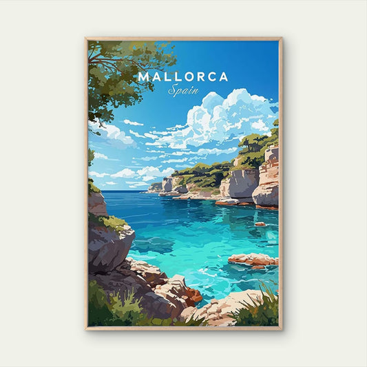 Mallorca Spain Sea Wall Art with & Blue Cliffs Travel Poster Print Wall Art