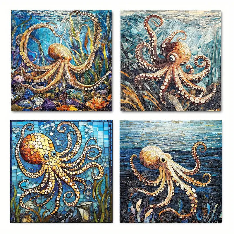 4pcs  Octopus Mosaic Art Deco Art Canvas Framed