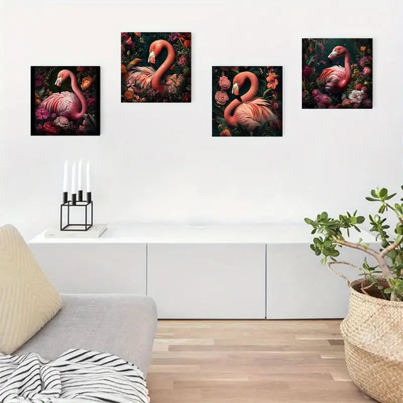 4pcs Flamingo & Floral  Classic Art Wall Art Canvas Framed