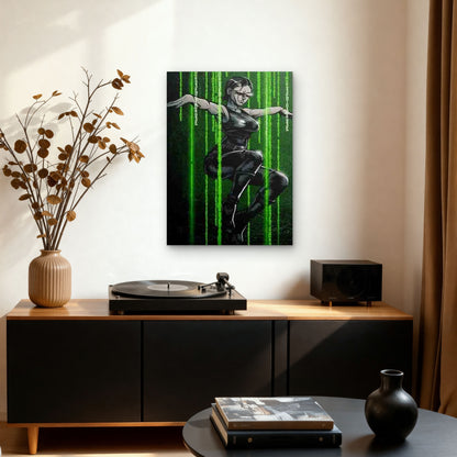Cyber Woman with Matrix Code Green Digital Rain 60x90cm Metal Print Ready to Hang