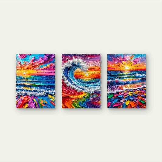 3pcs Vibrant Colorful Ocean Wave Impasto Sunset Painting Wall Art Set Canvas Framed 60x90cm - High Quality Print 100% Australian Made Wall Canvas Ready to Hang