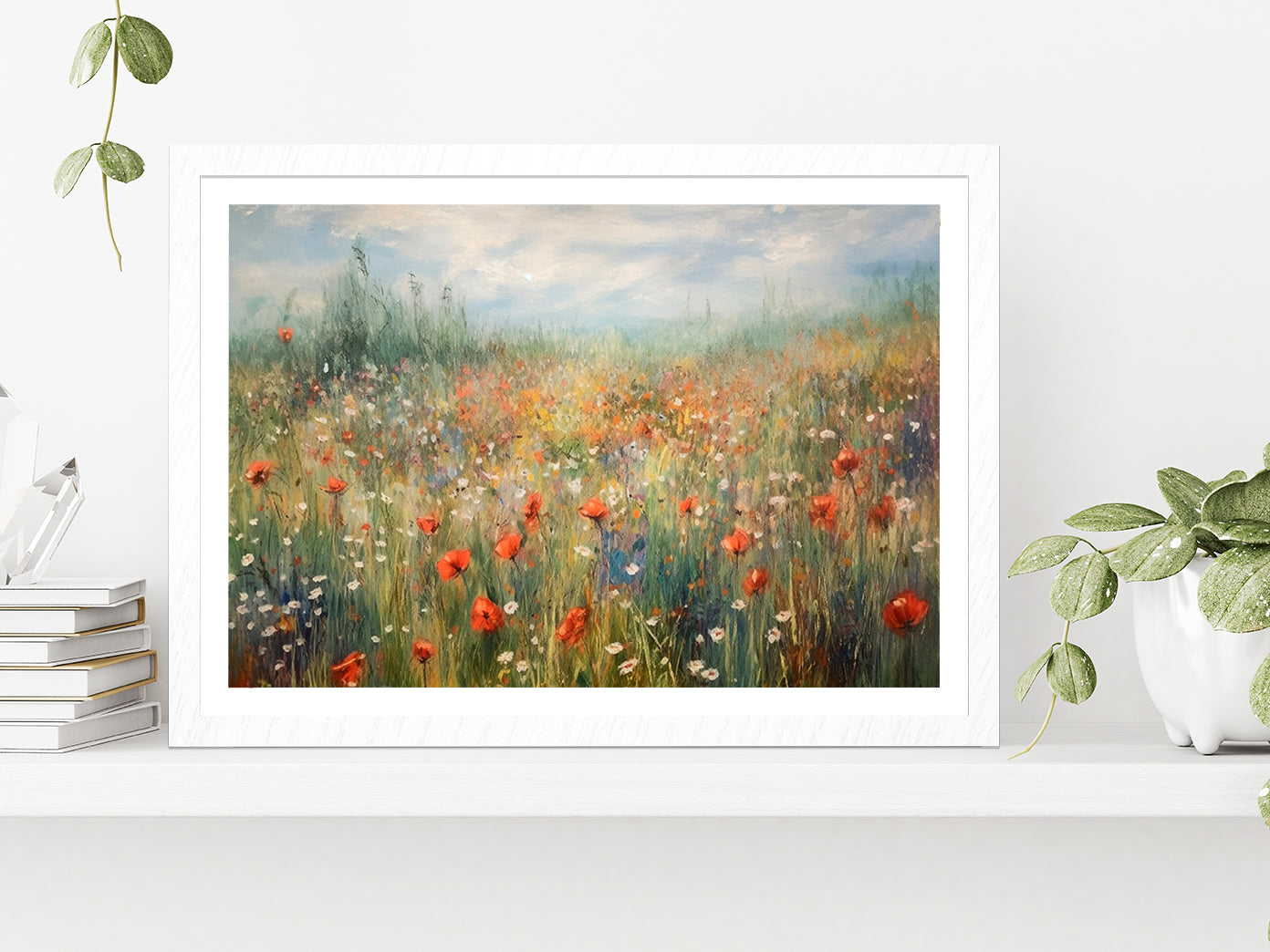 Blooming Summer Meadow Painting Glass Framed Wall Art, Ready to Hang Quality Print With White Border White