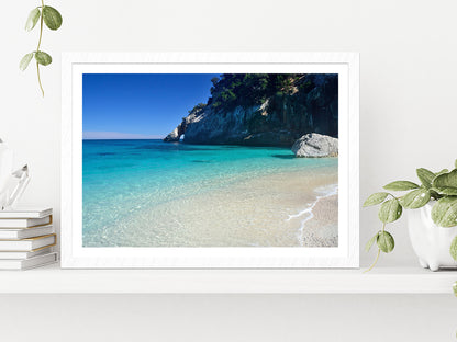 Sandy Beach Of Cala Goloritze Glass Framed Wall Art, Ready to Hang Quality Print With White Border White