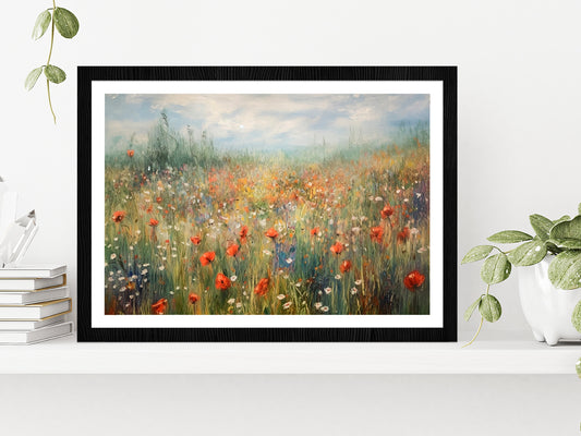 Blooming Summer Meadow Painting Glass Framed Wall Art, Ready to Hang Quality Print With White Border Black