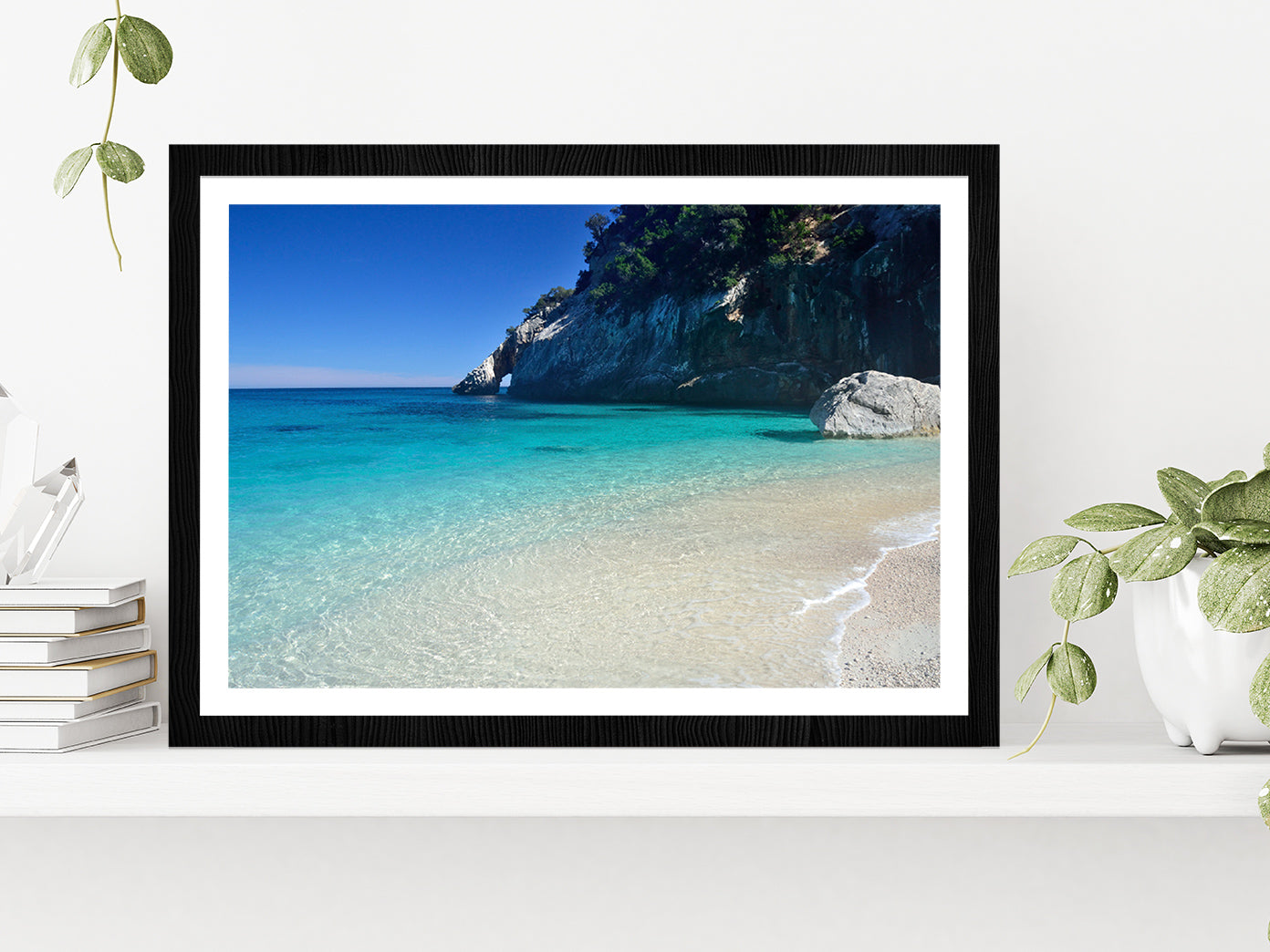 Sandy Beach Of Cala Goloritze Glass Framed Wall Art, Ready to Hang Quality Print With White Border Black