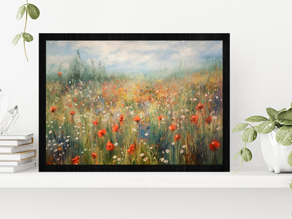 Blooming Summer Meadow Painting Glass Framed Wall Art, Ready to Hang Quality Print Without White Border Black