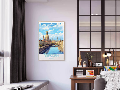 Dresden City in Germany, Church & Canal Travel Poster Print Wall Art