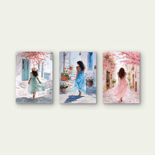 3pcs Mediterranean Woman Street Painting Wall Art Set Canvas Framed 50x70cm - High Quality Print 100% Australian Made Wall Canvas Ready to Hang