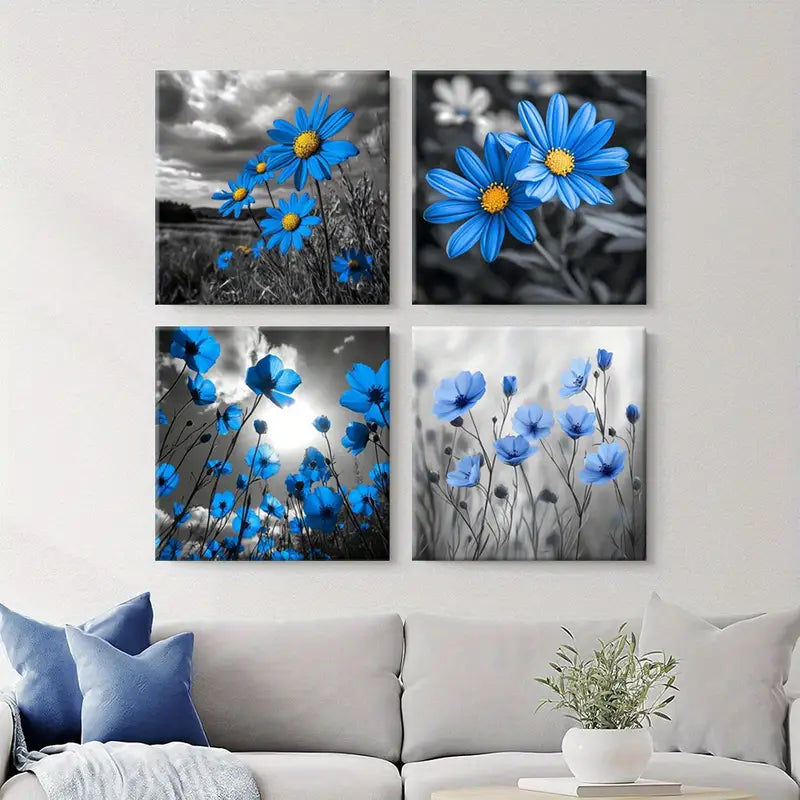 4pcs Framed Daisy Paintings, Botanical Wall Art Canvas Framed