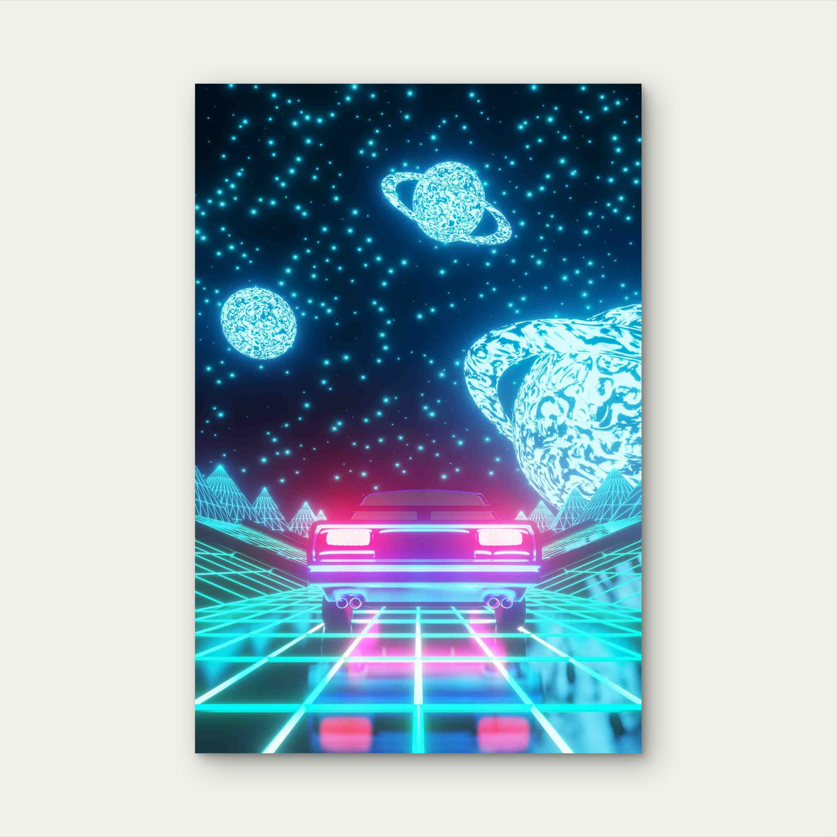 Synthwave Retro Car Driving Through Neon Style 60x90cm Metal Print Ready to Hang