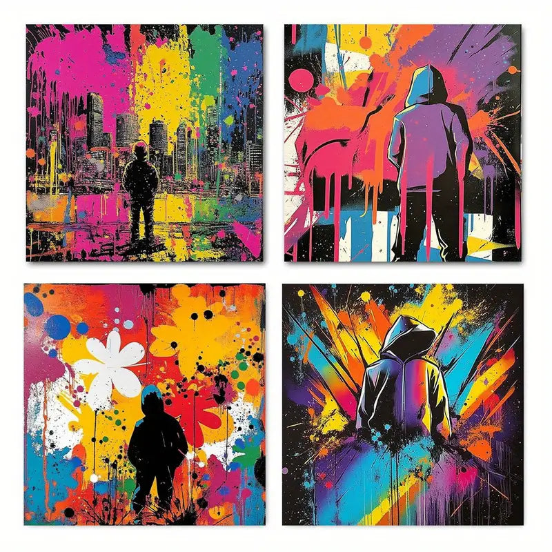 4pcs Figures In Hooded Jackets Wall Art Canvas Framed
