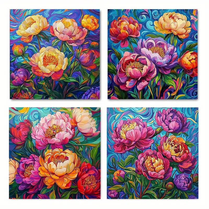 4pcs Vibrant Peony Floral Botanical FBC Wall Art Canvas Framed