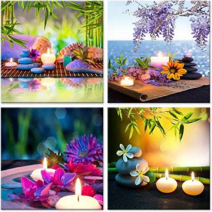4pcs Bamboo, for Lotus & Candle Design   Wall Art Canvas Framed