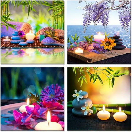 4pcs Bamboo, for Lotus & Candle Design   Wall Art Canvas Framed