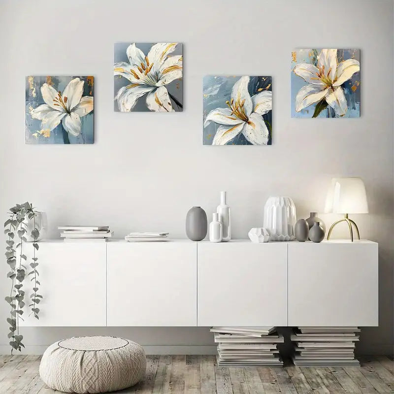 4pcs Golden White Lilies On Blue Background Wall Art Canvas Framed