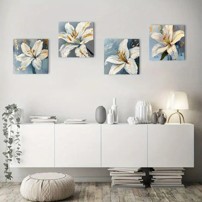 4pcs Golden White Lilies On Blue Background Wall Art Canvas Framed