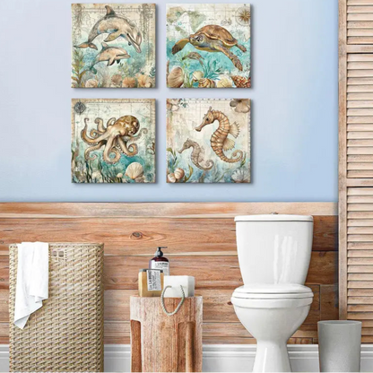 4pcs Watercolor Octopus, Seahorse & Jellyfish Wall Art Canvas Framed