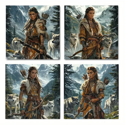 4pcs  American Woman with Eagle Headdress Wall Art Canvas Framed