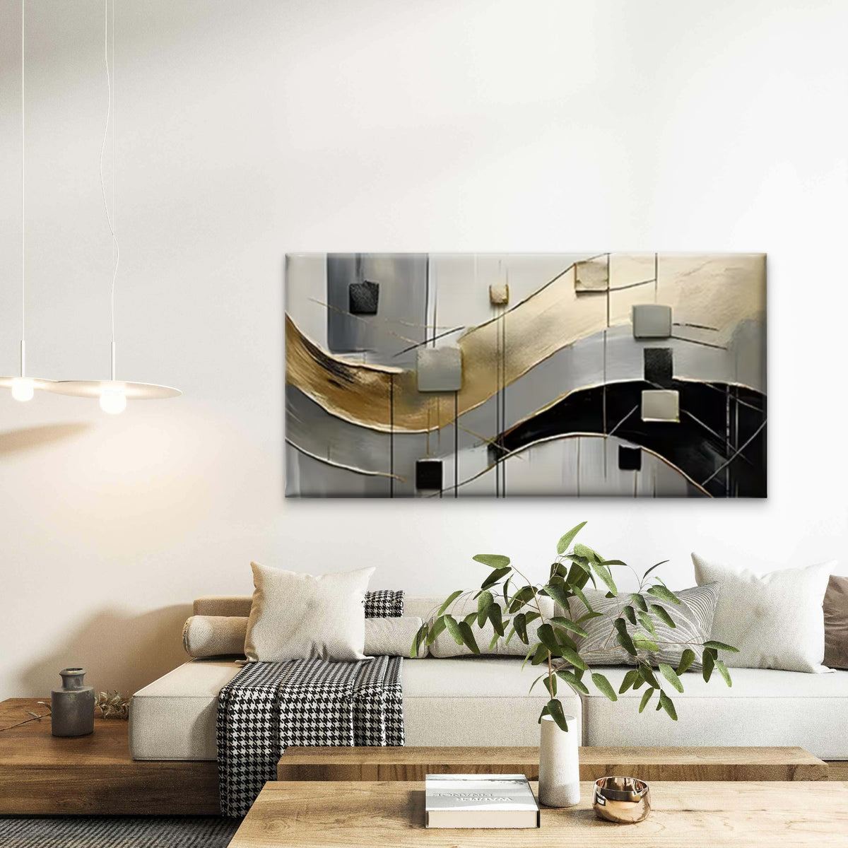 Black White Golden Line & Block Wall Art Canvas Office Home Room Framed 120x60cm