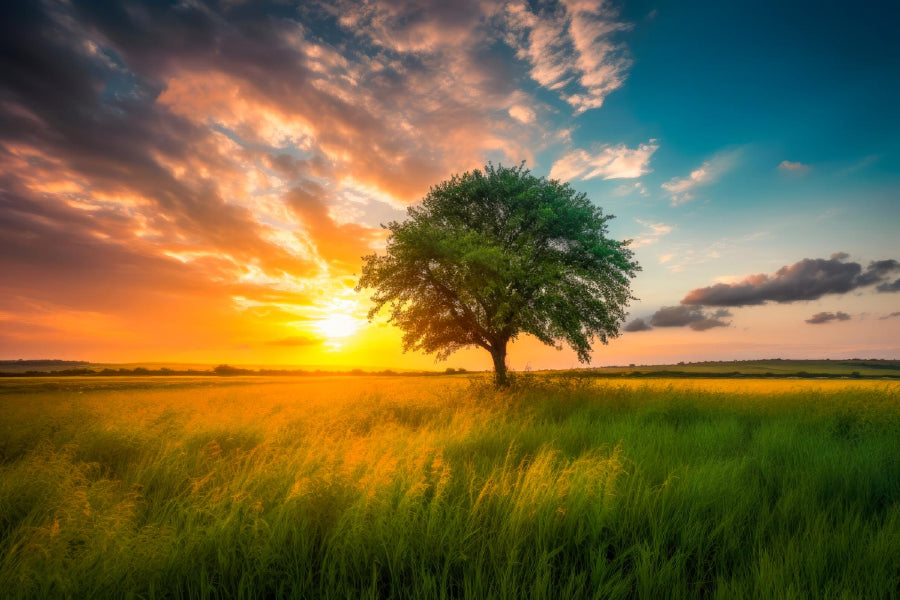 A Tree In A Field With The Sun Print 100% Australian Made