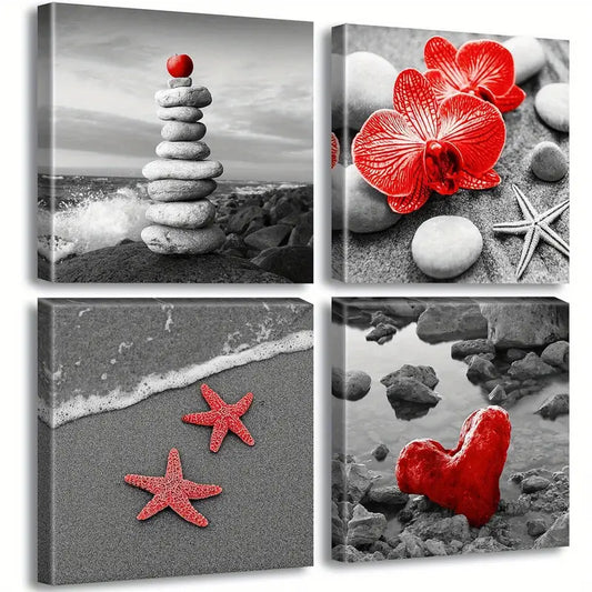 4pcs Red Beach Canvas Wall Art Wall Art Canvas Framed