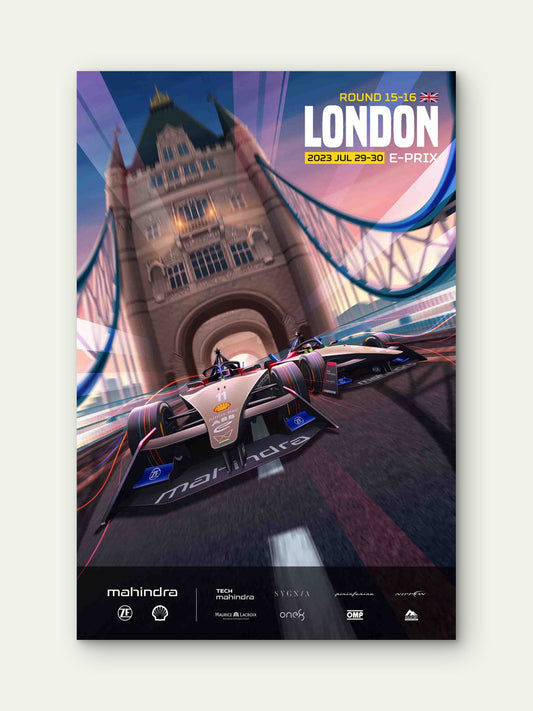 London Tower Bridge Electric Race Car 60x90cm Metal Print Ready to Hang