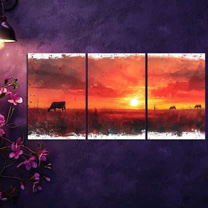 3pcs Charming Sunset Cows & Sheep Wall Art Set Canvas Framed 40x60cm - High Quality Print 100% Australian Made Wall Canvas Ready to Hang