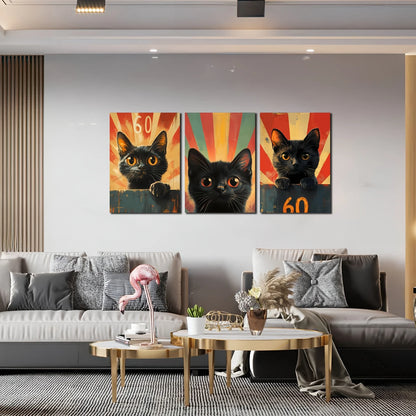 3pcs Mid Century Modern Minimalist Painting, Black Cat Metal Print Ready to Hang Art