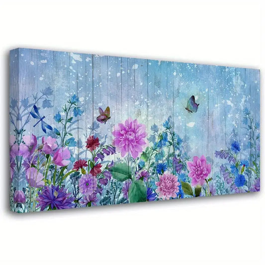 Flower Butterfly Blue Purple Pink Floral Wall Art canvas office home room framed 120x60cm
