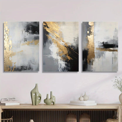 3pcs Golden Black Abstract Grey Painting Metal Print Ready to Hang Art