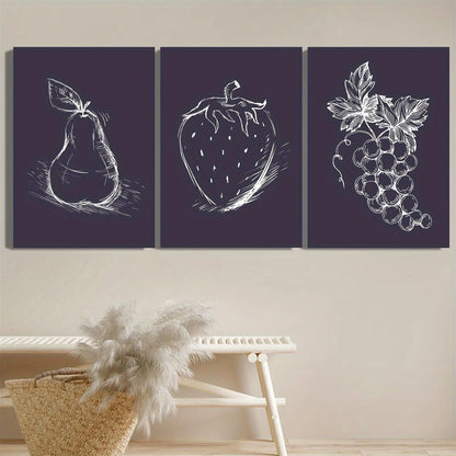 3pcs Simple Fruit Sketch Art, Pear Strawberry And Grape Metal Print Ready to Hang Art