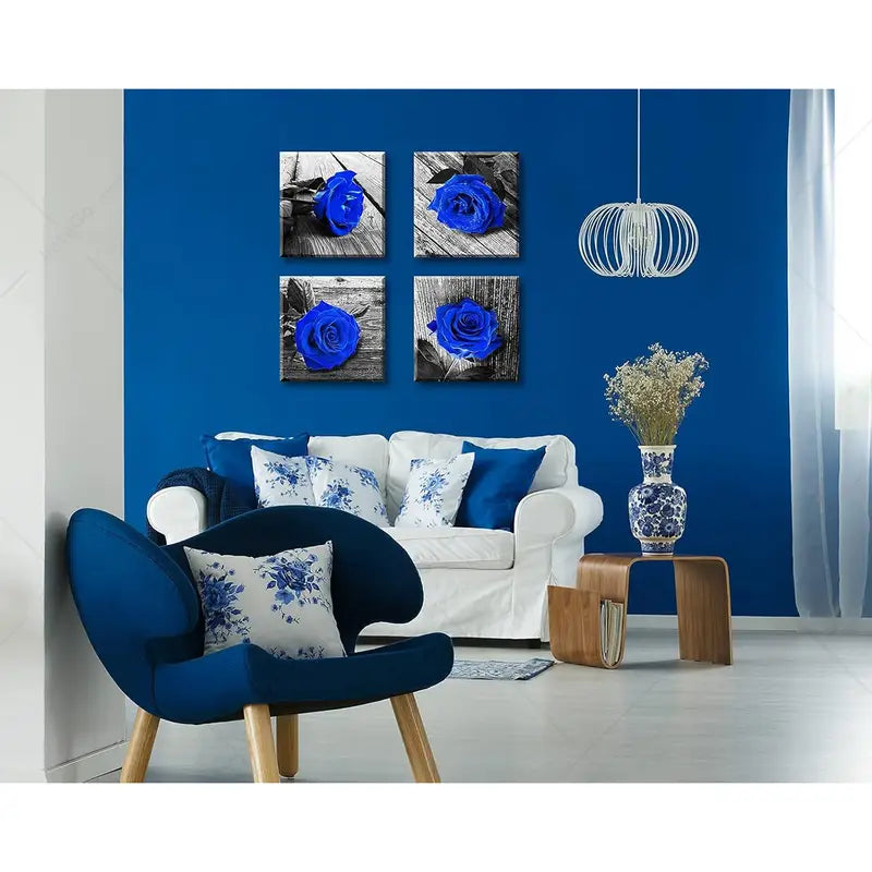4pcs Royal Blue Rose Pictures & Gray Print Wall Art Canvas Framed