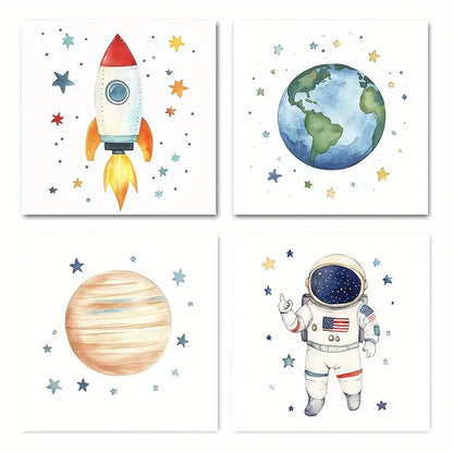 4pcs Featuring Rocket, Astronaut, Earth & Jupite Wall Art Canvas Framed