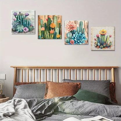 4pcs Floral Decor Art Prints, Cactus Wall Art Canvas Framed