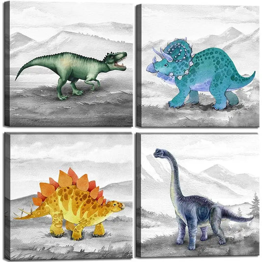 4pcs Vibrant Watercolor Dinosaur Designs Wall Art Canvas Framed