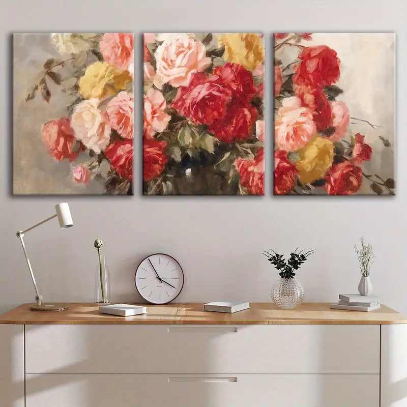 3pcs Roses In Vase Still Life Poster Wall Art Set Canvas Framed 40x60cm - High Quality Print 100% Australian Made Wall Canvas Ready to Hang