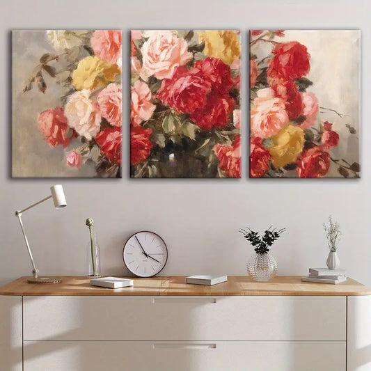 3pcs Roses In Vase Still Life Poster Wall Art Set Canvas Framed 60x90cm - High Quality Print 100% Australian Made Wall Canvas Ready to Hang