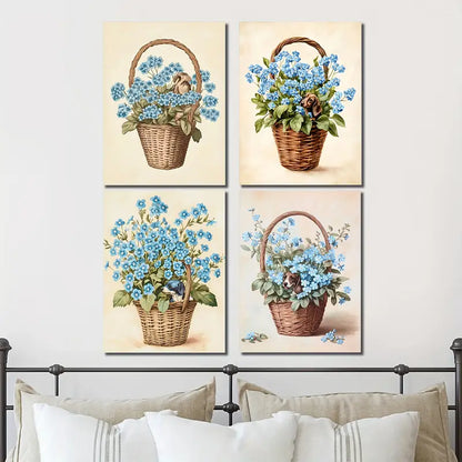 4pcs Blue Forget Me Not Flowers Wall Art Canvas Framed