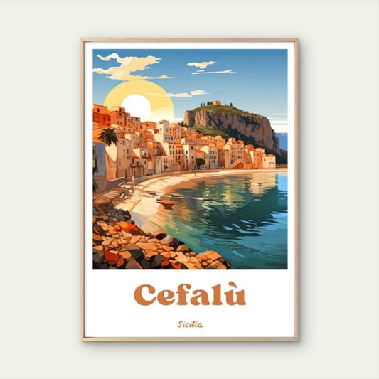Sunset over the coast of Cefalù Travel Poster Print Wall Art
