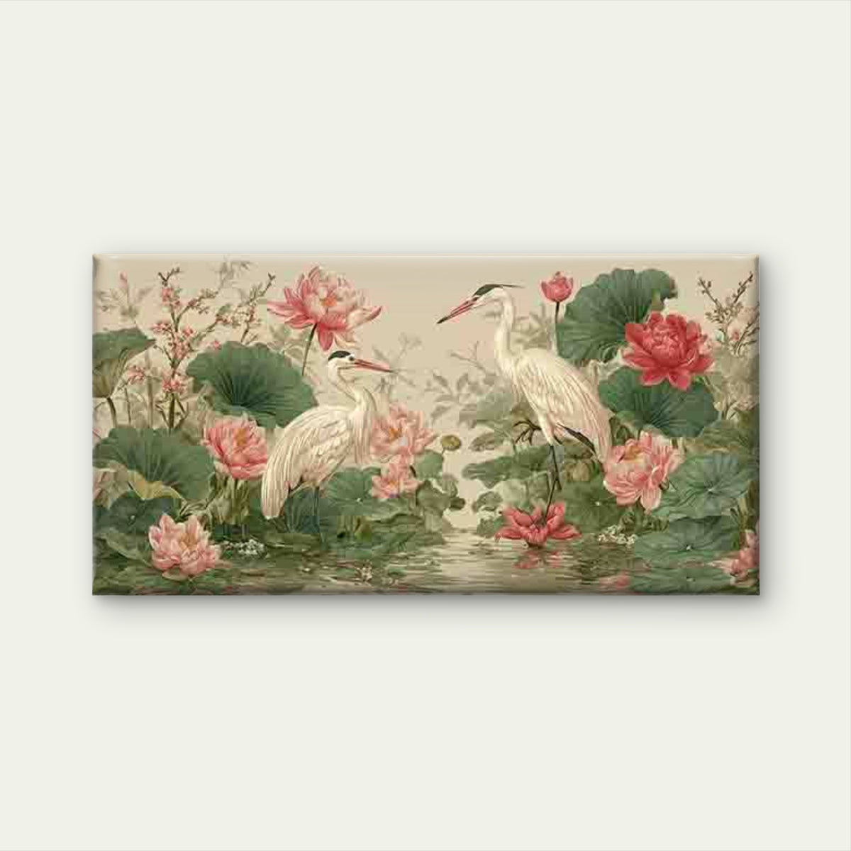 Two Herons Bird & for Lotus Wall Art Canvas Office Home Room Framed 120x60cm