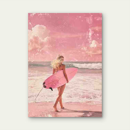 Blonde Woman Is Standing On The Beach With Surfboard 60x90cm Metal Print Ready to Hang