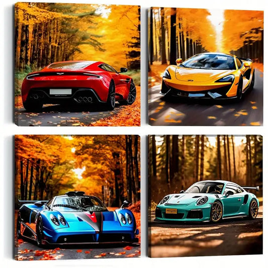 4pcs Autumn Super Car Prints Wall Art Canvas Framed