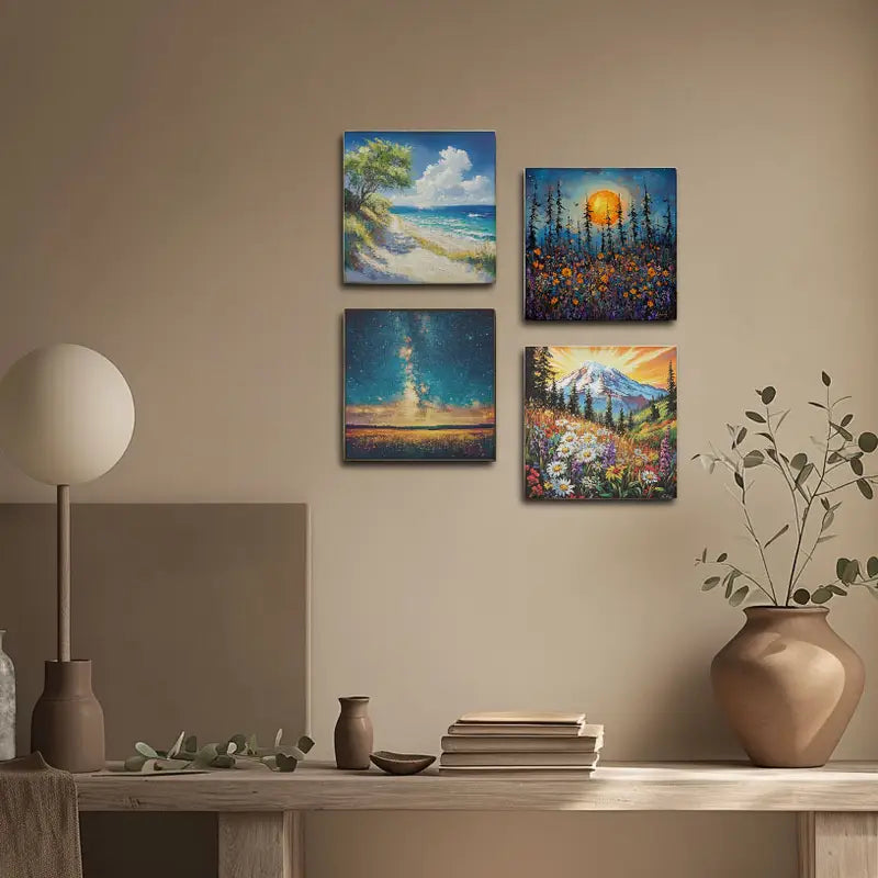 4pcs Moon Light Forest With Mountains Wall Art Canvas Framed