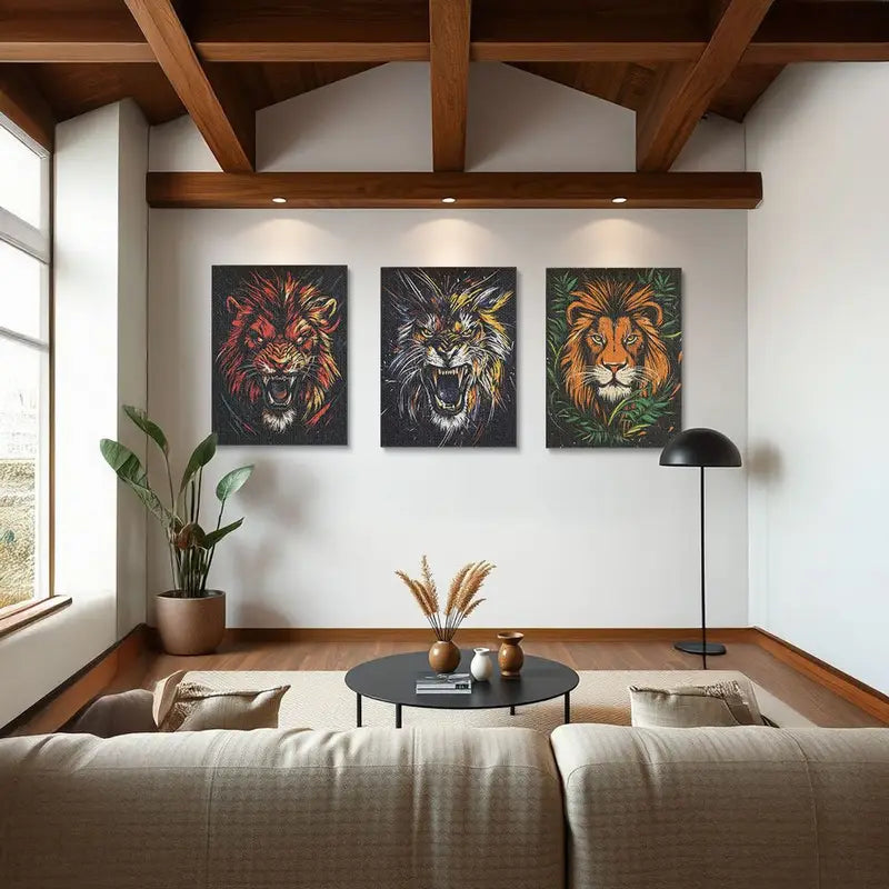 3pcs Vibrant Lion Face Animal Classic Design Metal Print Ready to Hang Art