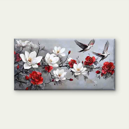 White Floral with Flying Birds Wall Art Canvas Office Home Room Framed 120x60cm